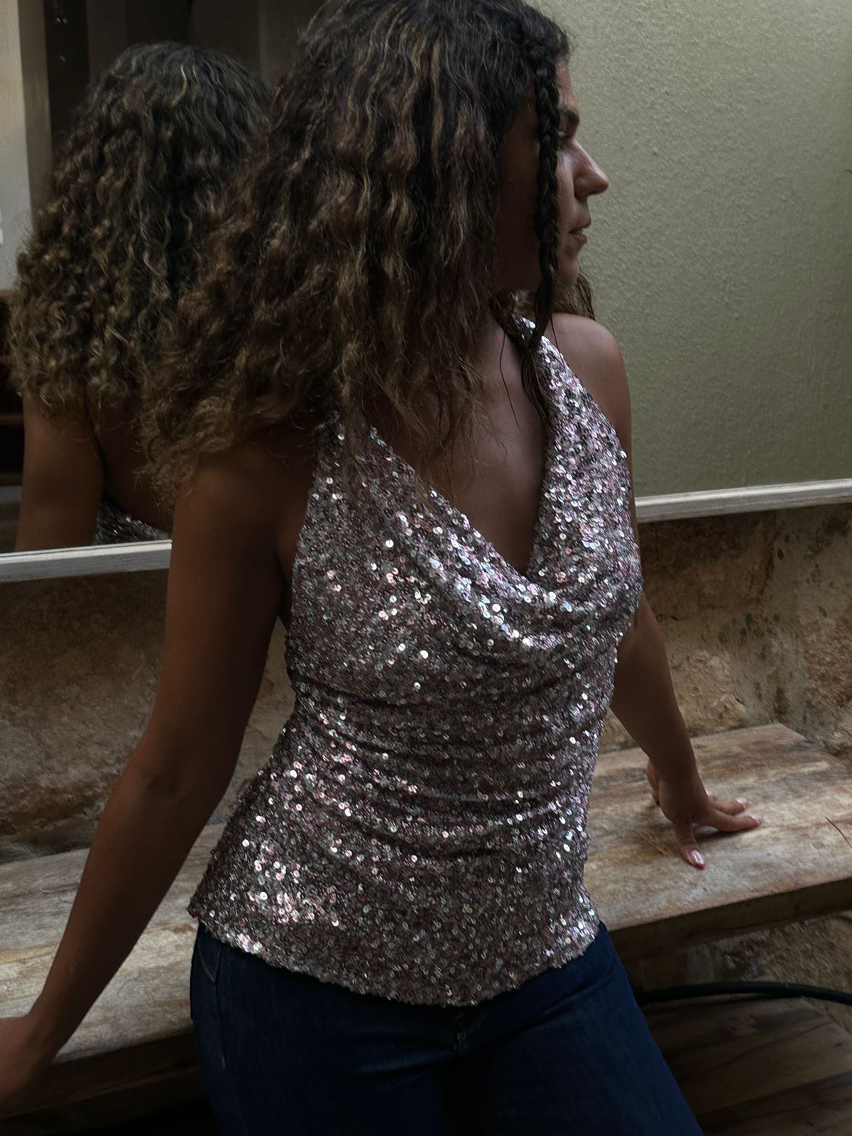 Sequined  Draped Party Top